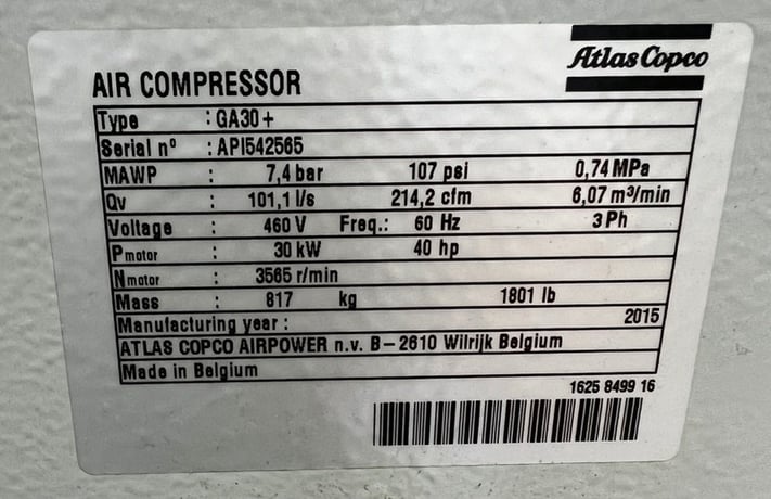 Atlas Copco #GA30, 40 HP, 214.2 cfm, 107 psi Air Compressor, 2015 (2 available) - Image 2