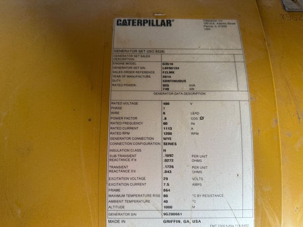 740 KW Caterpillar #G3516, Natural Gas Generator Set, 1200 RPM, 480 Volts, 992 HP CAT engine, 39,724 hours - Image 2