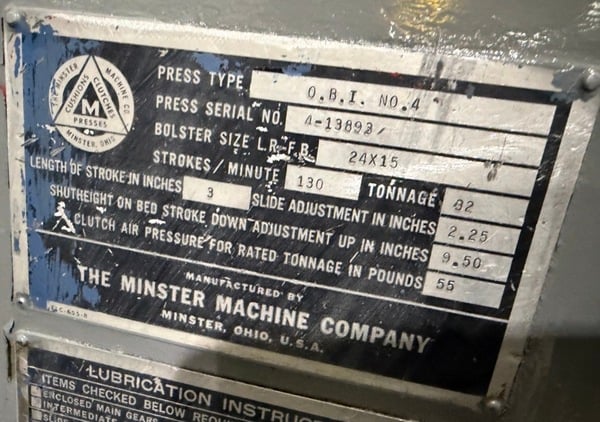 32 Ton, Minster #4, OBI Mechanical Punch Press, 3" stroke, 2.25" slide adjustment, 9.5" shut height, 0-130 - Image 2