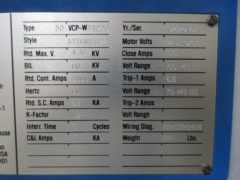 2000 Amps, Westinghouse, -50vcp-wfb250, 125 AC/DC - Image 2