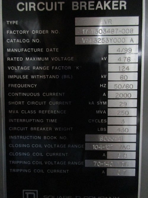 2000 Amps, Square D, VR, V5D3253Y000A, 4.76 KV - Image 2