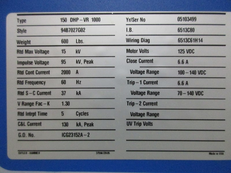 2000 Amps, Cutler-Hammer, 150DHP-VR1000, 125 VDC - Image 2