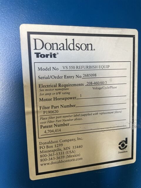 550 cfm Donaldson Torit #VS550, Dust Collector, 1 HP, 3450 RPM, 65 sq.ft. - Image 3