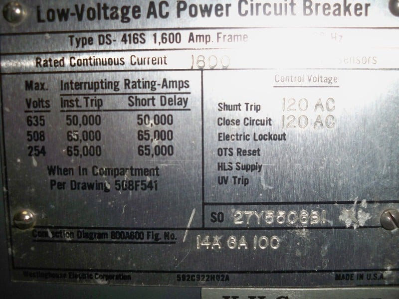 1600 Amps, Westinghouse, DS-416S, manually operated, drawout - Image 2
