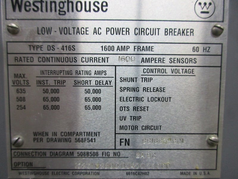 1600 Amps, Westinghouse, DS-416S, manually operated, drawout - Image 6