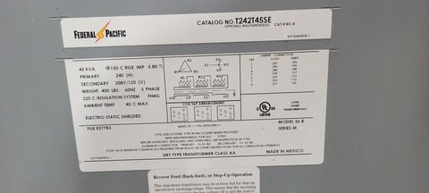 45 KVA 240 Primary, 208Y/160 Secondary, Federal Pacific, Transformer, 3 Phase, 60 Hz. - Image 6