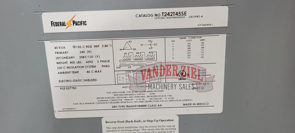 45 KVA 240 Primary, 208Y/160 Secondary, Federal Pacific, Transformer, 3 Phase, 60 Hz. - Image 6