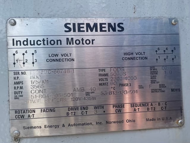 800 HP 3600 RPM Siemens, Frame 509US, WPIISB, 2300/4000 Volts - Image 3