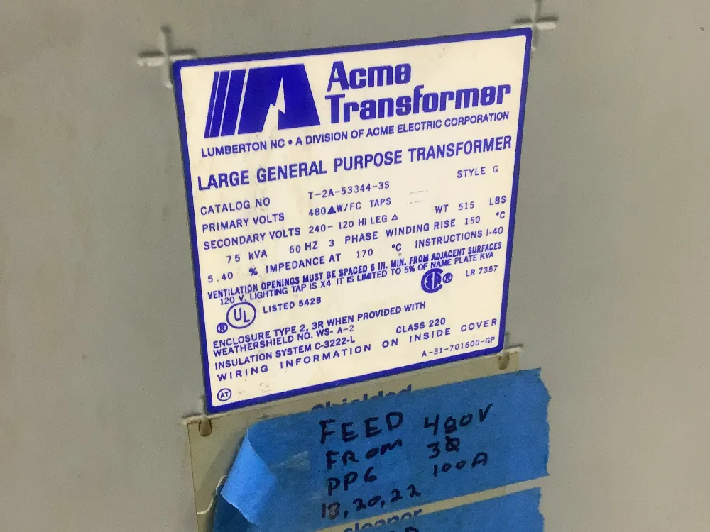 75 KVA 480 Primary, 240/120 Secondary, Acme #T-2A-53344-3S, Transformer - Image 5