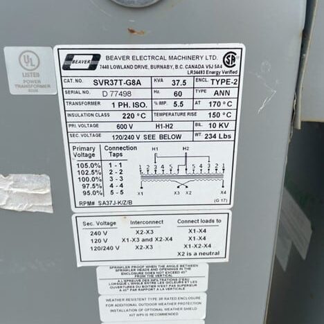 37.5 KVA 600 Primary, 120/240 Secondary, Beaver #SVR37T-G8A, Dry Type Isolation Transformer, 1 Phase - Image 5
