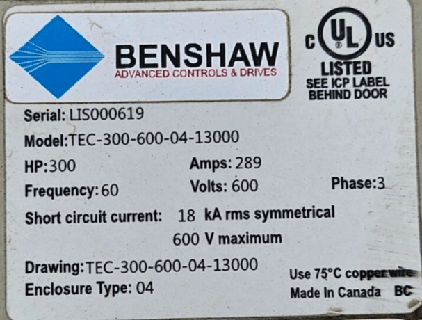 300 HP Benshaw #TEC-300-600-04-13000, MX Solid State Starter, 600 Volts, 60 Hz. (2 available) - Image 5