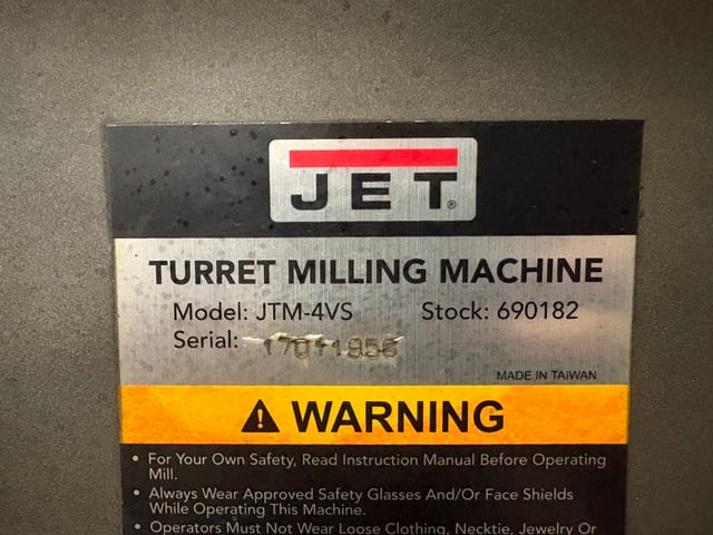 Jet #JTM-4VS, Vertical Milling Machine, 34" X, 12" Y, 14.5" Z, 9" x 49" table, 3 HP, 60-4200 RPM, 2-axis - Image 7