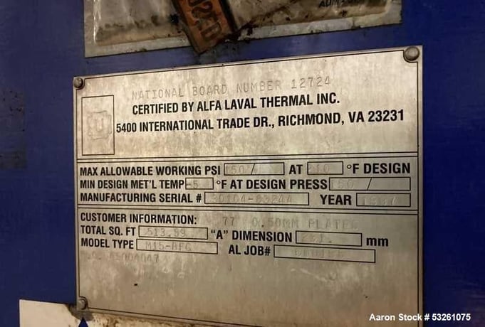 513 sq.ft., Alfa-Laval #M15-BFG, stainless steel plate and frame heat, 77 plates - Image 4