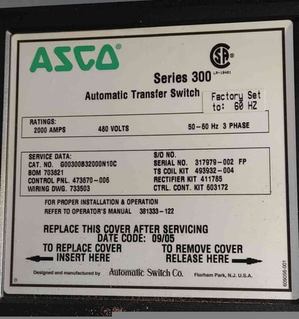 2000 Amp. ASCO Series 300 #G00300B32000N10C, Automatic Transfer Switch, 480 Volts, 3 Phase - Image 3