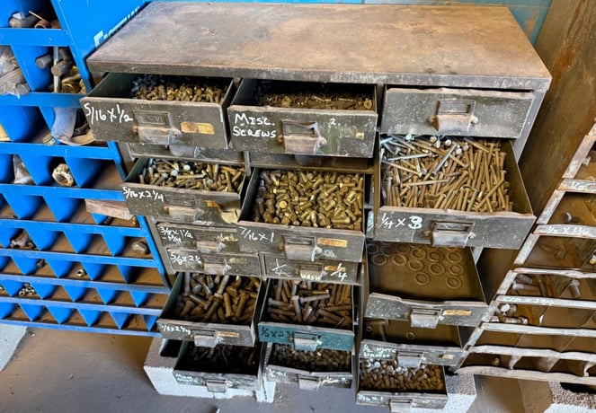 Industrial Bolt Bin & Parts Storage System, (3) steel bolt bin racks, (3) buckets of assorted - Image 3