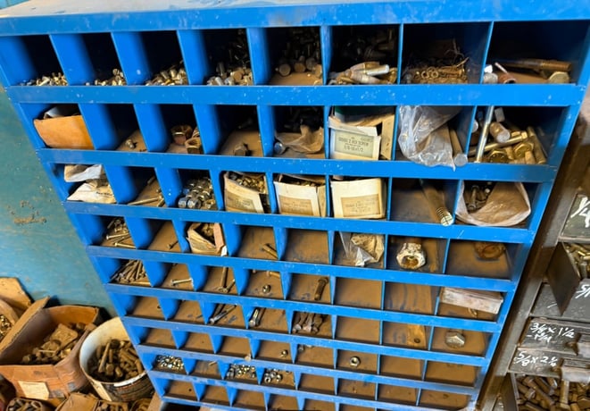 Industrial Bolt Bin & Parts Storage System, (3) steel bolt bin racks, (3) buckets of assorted - Image 4