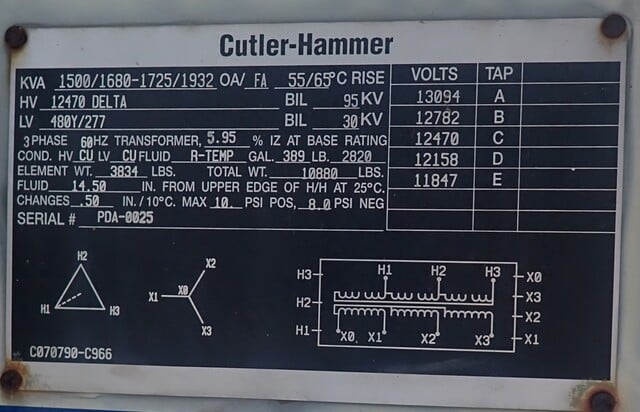 1500/1680/1725/1932 kVA, 12470 Delta Primary, 480/277 Wye Secondary, Cutler Hammer Substation - Image 1