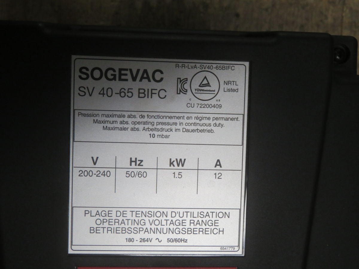 38.3 CFM, Sogevac #SV40-65-BIFC, Rotary Vane Vacuum Pump, 200-240 V., 1.5 kW (2 available) - Image 8