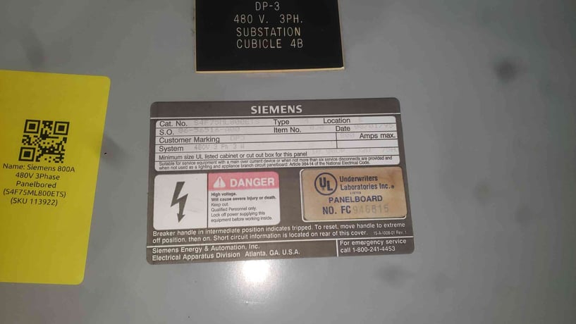 800 Amp. Siemens, distribution panelboard, 480 Volts 3 phase, 200A & 100A breakers - Image 6