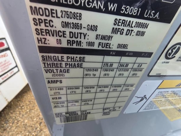 275 KW Detroit #DSEB, diesel generator set, 480 Volts, 3-phase, 684 hours, 60 Series - Image 4