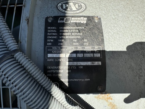 250 KW MTU #DS00250D6SPAH1574, diesel generator set, 208 Volts, 276 hours, 1800 RPM, 6R1600 engine, 2013 - Image 5