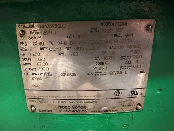 75 HP 1800 RPM US Motors, Frame 365TP, weather protected enclosure type 1, 460 Volts, vertical hollow shaft - Image 1