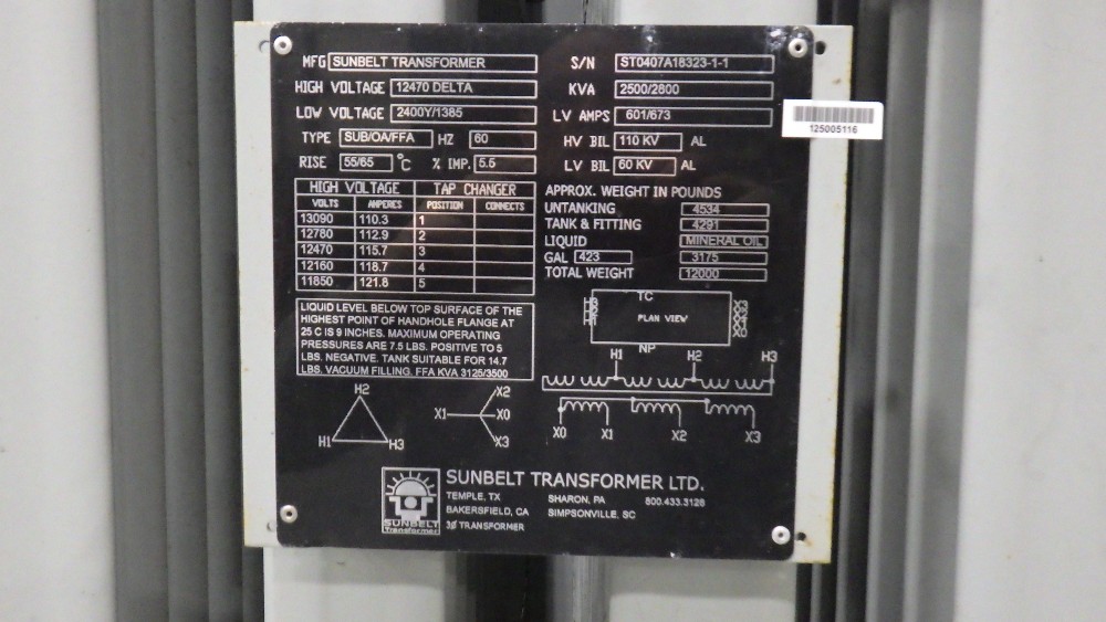2500/2800 KVA 12470 Delta Primary, 2400Y/1385 Secondary, Sunbelt - Image 1