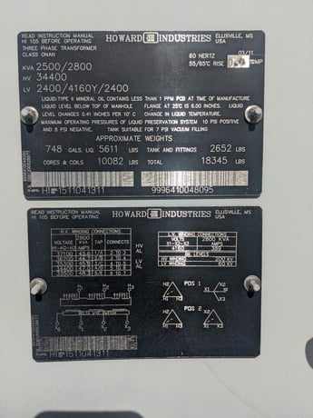 2500/2800 KVA 34400 Delta Primary, 2400/4160Y/2400 Secondary, Howard Industries - Image 1