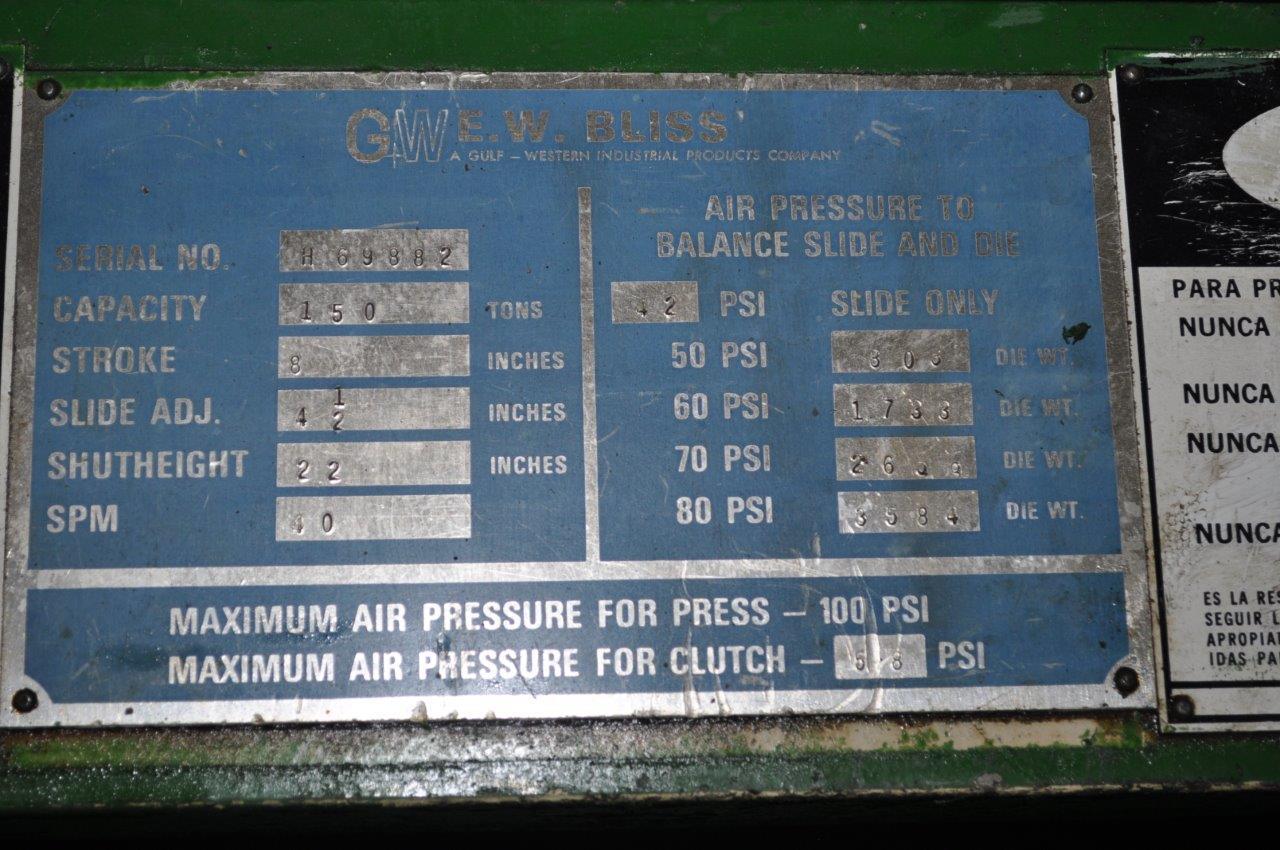 150 Ton, Bliss, single crank gap frame press, 8" stroke, 22" shut height, 4.5" adj., 40 SPM, 50" x 30" bed - Image 9