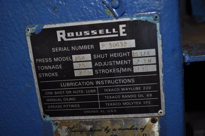 25 Ton, Rousselle #25H, horn press, 2" stroke, 6-3/4" throat, 4.5"-15.5" shut height, 2" adj., 135 SPM, 14" x - Image 7