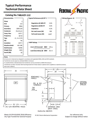 112.5 KVA 480 Delta Primary, 208Y/120 Secondary, Federal Pacific #T48LH2Y-112, Step-Down Dry Type - Image 2