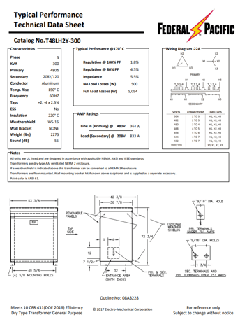 300 KVA 480 Delta Primary, 208Y/120 Secondary, Federal Pacific #T48LH2Y-300, Step-Down Dry Type Transformer - Image 2