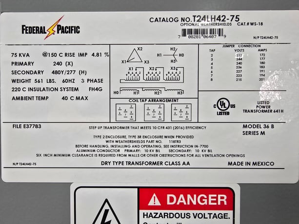 75 KVA 240 Delta Primary, 480Y/277 Secondary, Federal Pacific #T24LH42-75, Step-Up Dry Type Transformer, 3 - Image 3