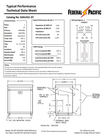 37.5 KVA 240/480 Primary, 120/240 Secondary, Federal Pacific #S2XLH21-37, Dry Type Transformer, 1 Phase, Nema - Image 2