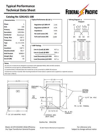 100 KVA 240/480 Primary, 120/240 Secondary, Federal Pacific #S2XLH21-100, Dry Type Transformer, 1 Phase, Nema - Image 2