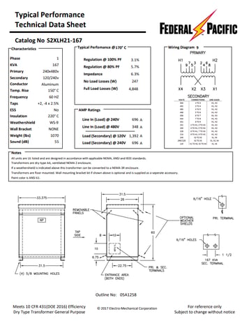 167 KVA 240/480 Primary, 120/240 Secondary, Federal Pacific #S2XLH21-167, Dry Type Transformer, 1 Phase, Nema - Image 2