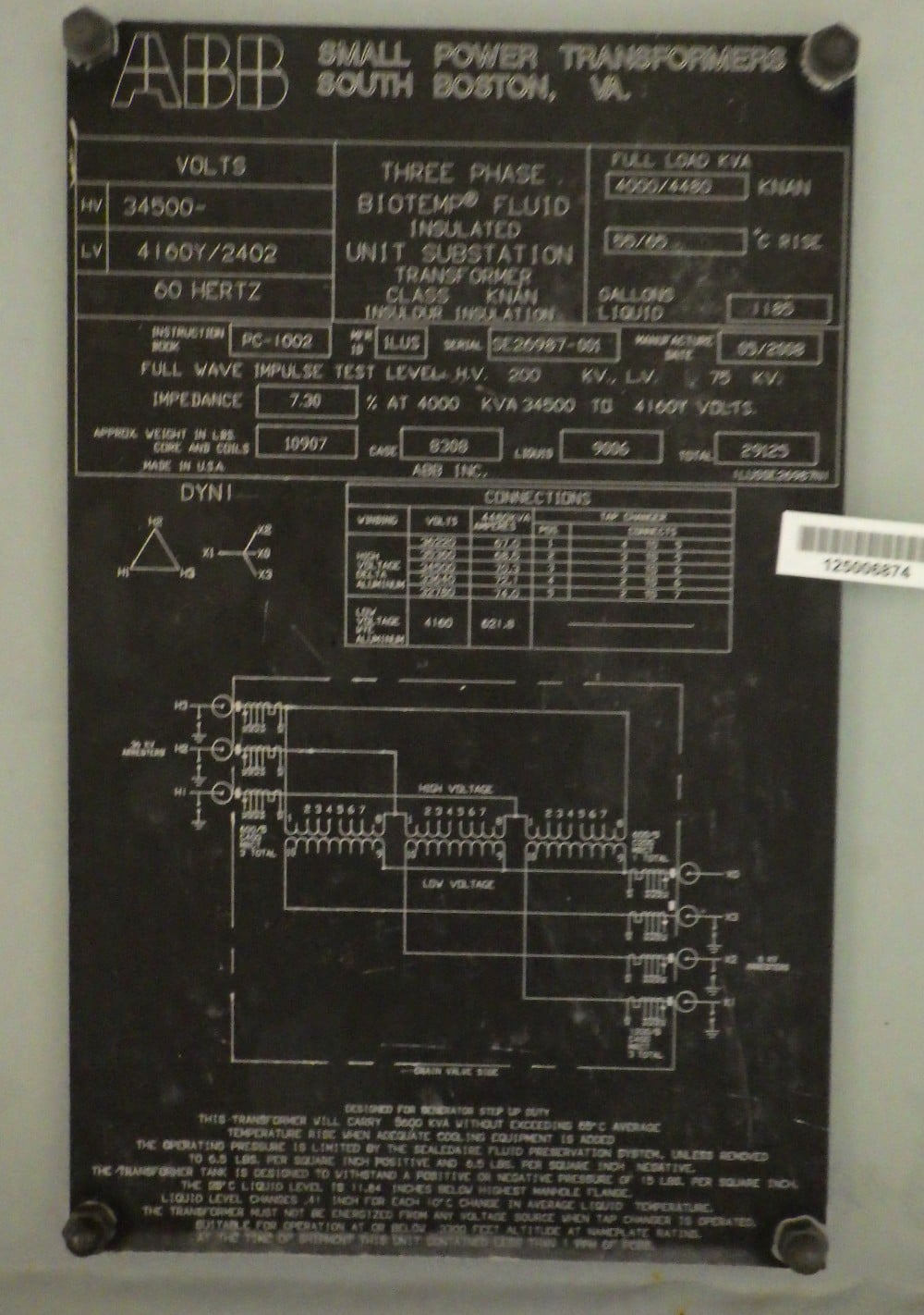 4000/4480 KVA 34500 Delta Primary, 4160Y/2402 Secondary, ABB - Image 1