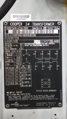 5000/6250 KVA 12470Y/7200 Primary, 4160Y/2400 Secondary, Cooper - Image 1
