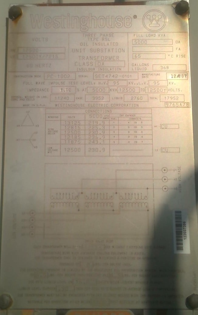 5000 KVA 12500 Delta Primary, 12500Y/7215 Secondary, Westinghouse - Image 1