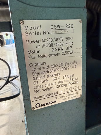1/8" x 8-5/8" x 8-5/8" Amada #CSW-220, Hydraulic Twin Head Notching Machine, Crop: 4x2", 3HP (Others Availble) - Image 9