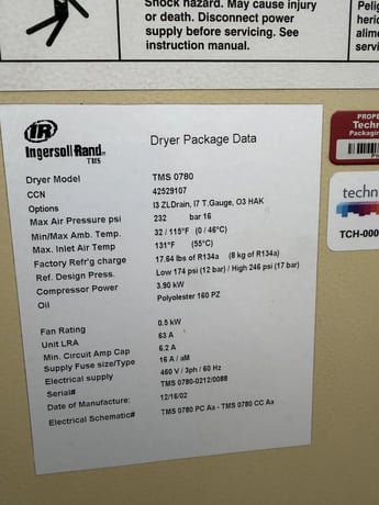 500 CFM, Ingersoll Rand #TMS-078, refrigerated air dryer, 232 PSI max. - Image 3