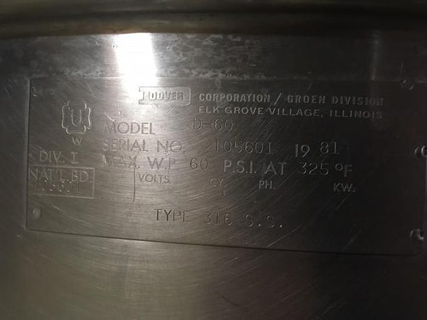 60 gallon Groen #DL-60, Tri-Leg tilting direct steam kettle, 1981 - Image 8