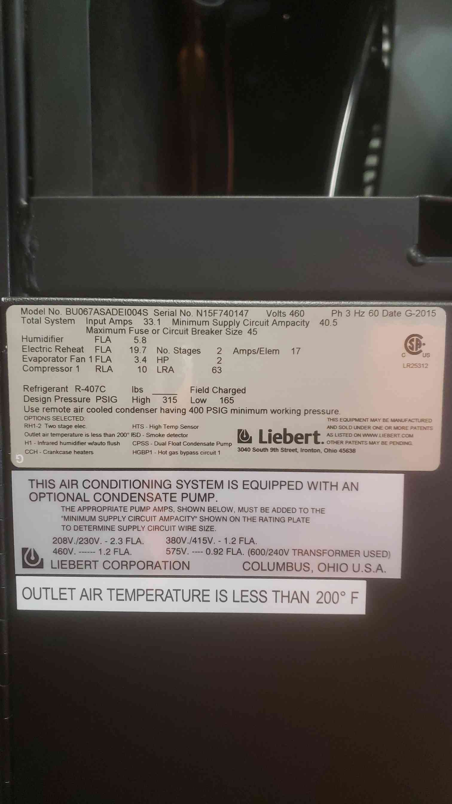 5 Ton Liebert #BU067A, CRAC Unit, R-407C, 460 Volts, 3 Phase, 2015 - Image 3