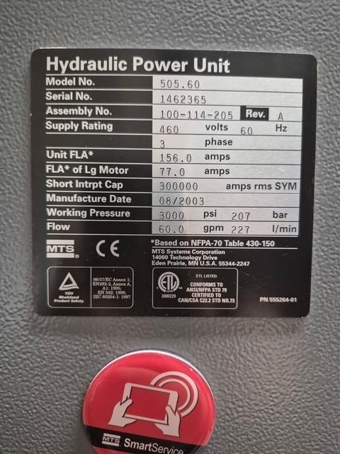 60 HP MTS #505.60, hydraulic power unit, upgraded to 505.90 G1+, 90 GPM, 3000 psi, 2005 - Image 3