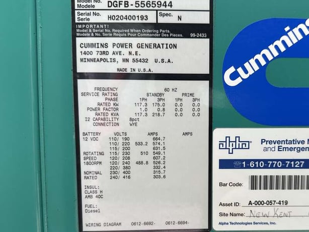 175 KW Cummins #DGFB, diesel generator set, 277/480 Volts, 3-phase, 277 HP @ 1800 RPM, 6CTA8.3G2 engine - Image 10