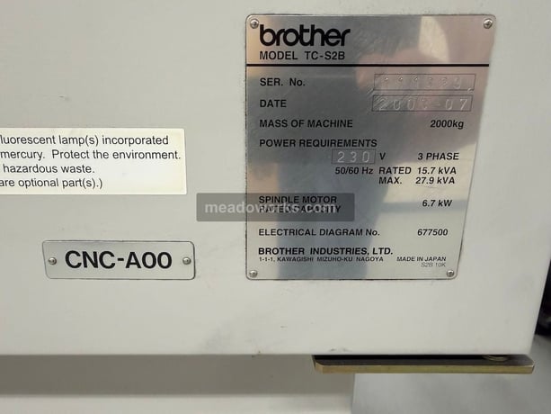 Brother #TC-S2B, CNC tapping center, 4-Axis, 21 ATC, Yukiwa 4th axis table, 9 HP, Brother CNC-A00 control - Image 9