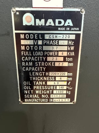 1/4" x 8-5/8" x 8-5/8" Amada #CSH-220, Hydraulic Notching Machine, 3HP (Others Availble) - Image 9