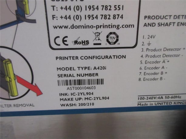 Domino #A420I, inkjet printer, 100-240 V., 50/60 Hz., 4 amps (2 available) - Image 5