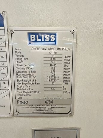 66 Ton, Bliss #C1-60, single crank gap frame press, 5.1" stroke, 11.8" Shut Height, 2.76" adj., 35.4" x20.5" - Image 9