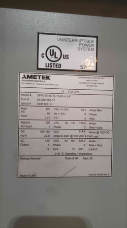 15.0 KVA Ametek #DPP015, Industrial uninterruptible power supplies System, Tower, w/ GE Breakers, 480 x 120 - Image 2